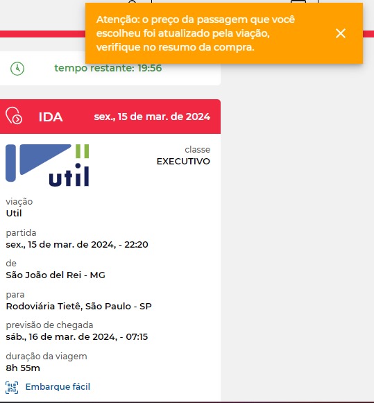 Print de tela com a mensagem: Atenção, o preço da passagem que você escolheu foi atualizado pela viação, verifique no resumo da compra.