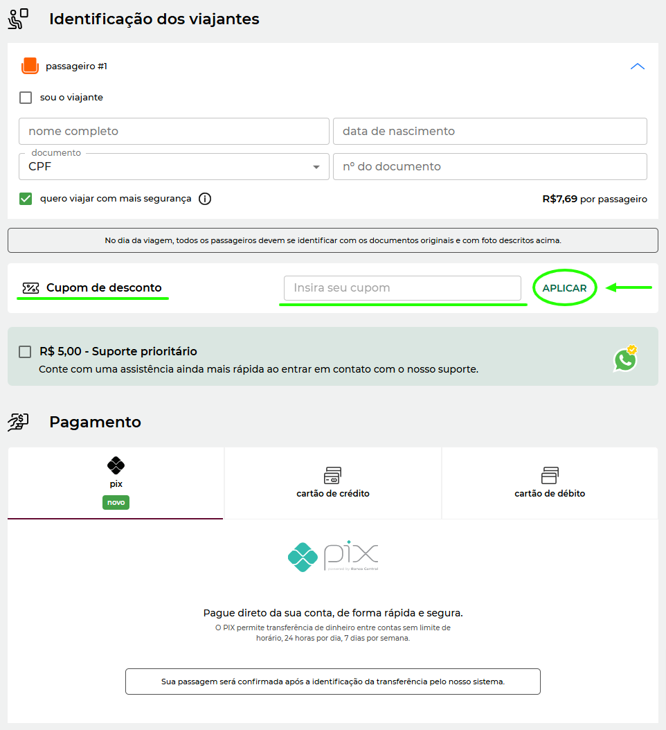 Print de tela destacando campo para aplicação de cupom de desconto.