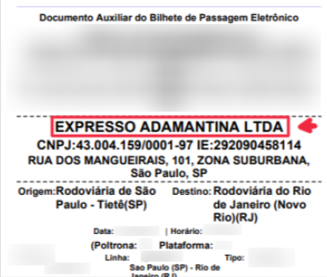 Print de exemplo de Embarque Fácil com a identificação do nome da viação responsável pela viagem em destaque.